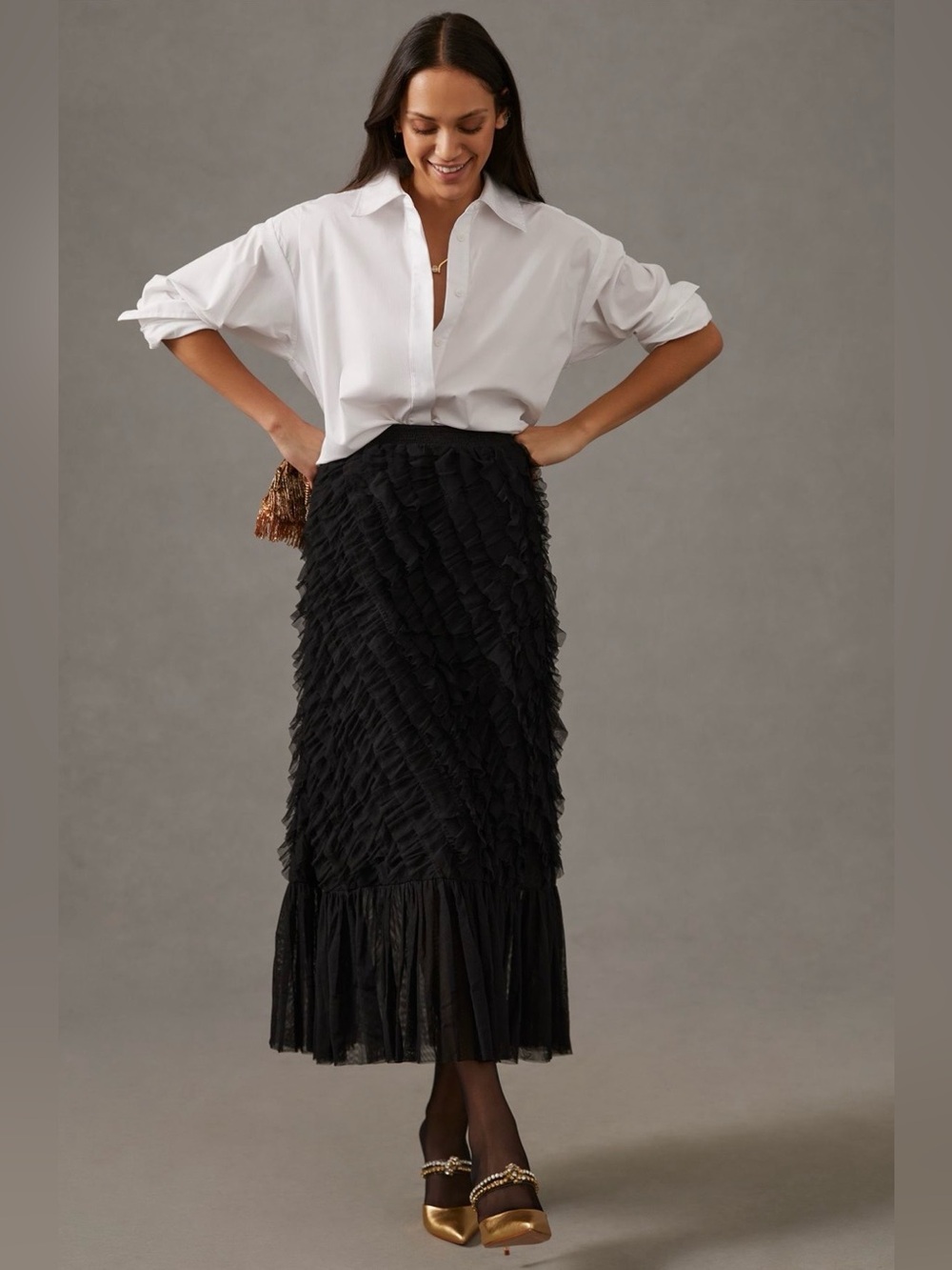 New Kavita Bhartia Ruffled Tulle Skirt Anthropologie Black XS Office Evening NWT